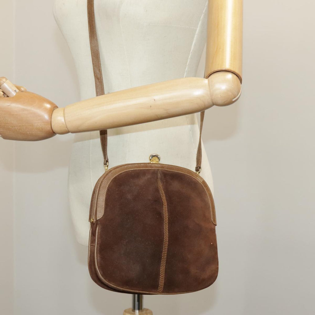 GUCCI Shoulder Bag Suede Leather Brown Gold 98075