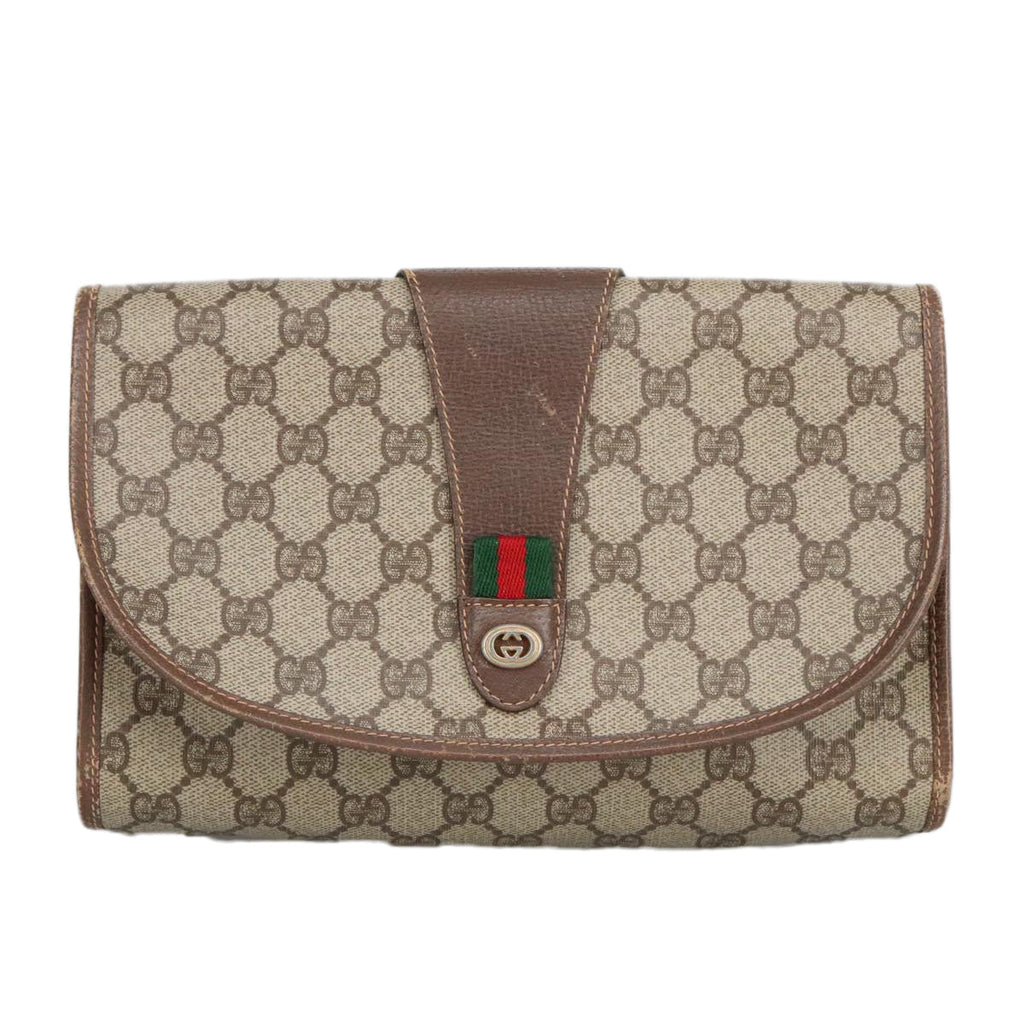 GUCCI GG Supreme Web Sherry Line Clutch Bag PVC Beige Red 156 01 030 98079