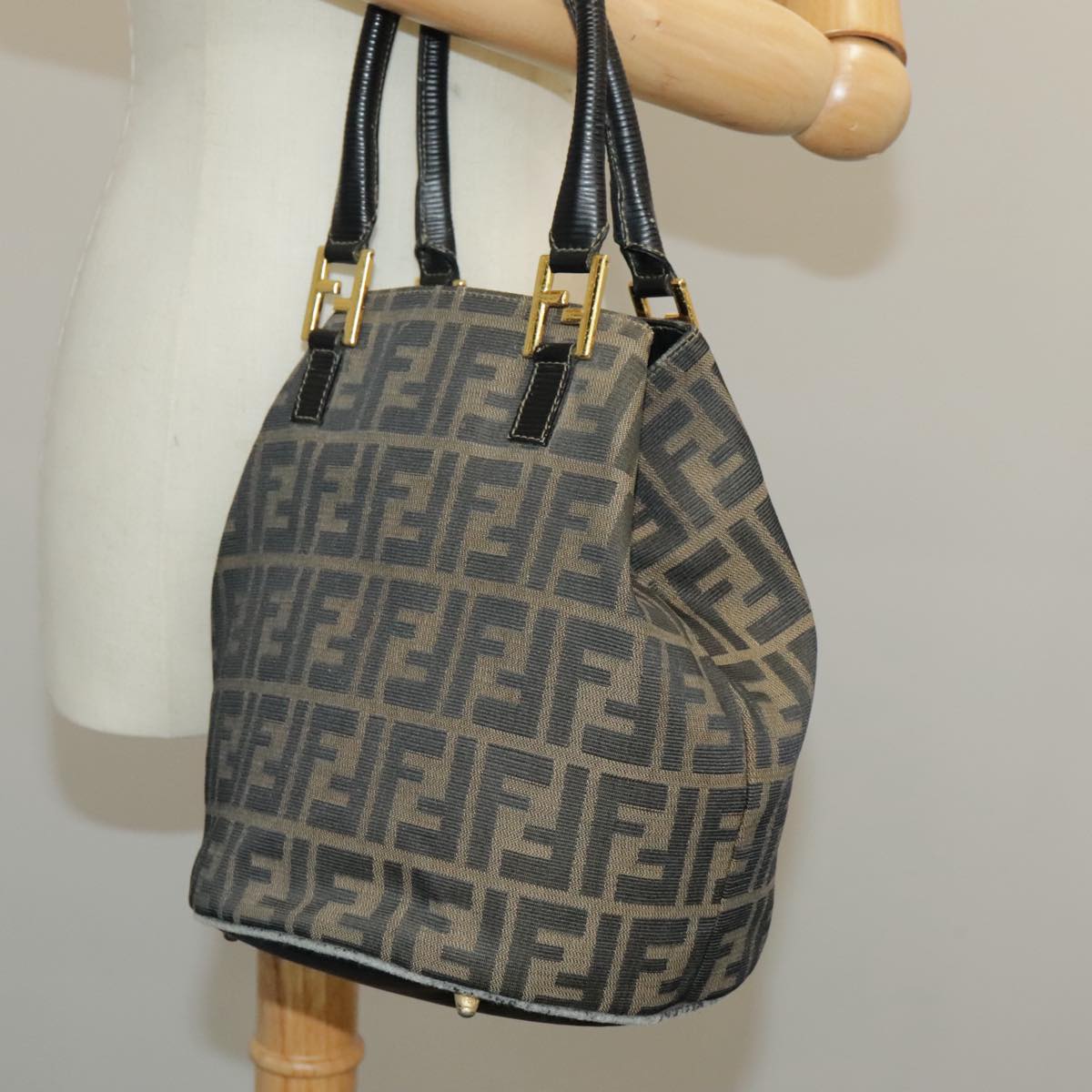 FENDI Zucca Canvas Hand Bag Brown Black Gold 98285