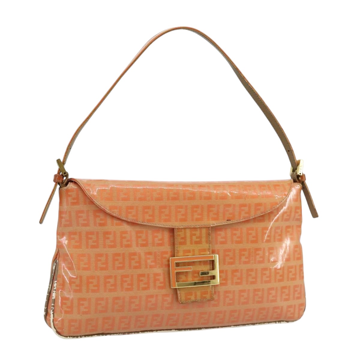 FENDI Zucchino Canvas Mamma Baguette Shoulder Bag Enamel Gold Orange 98336