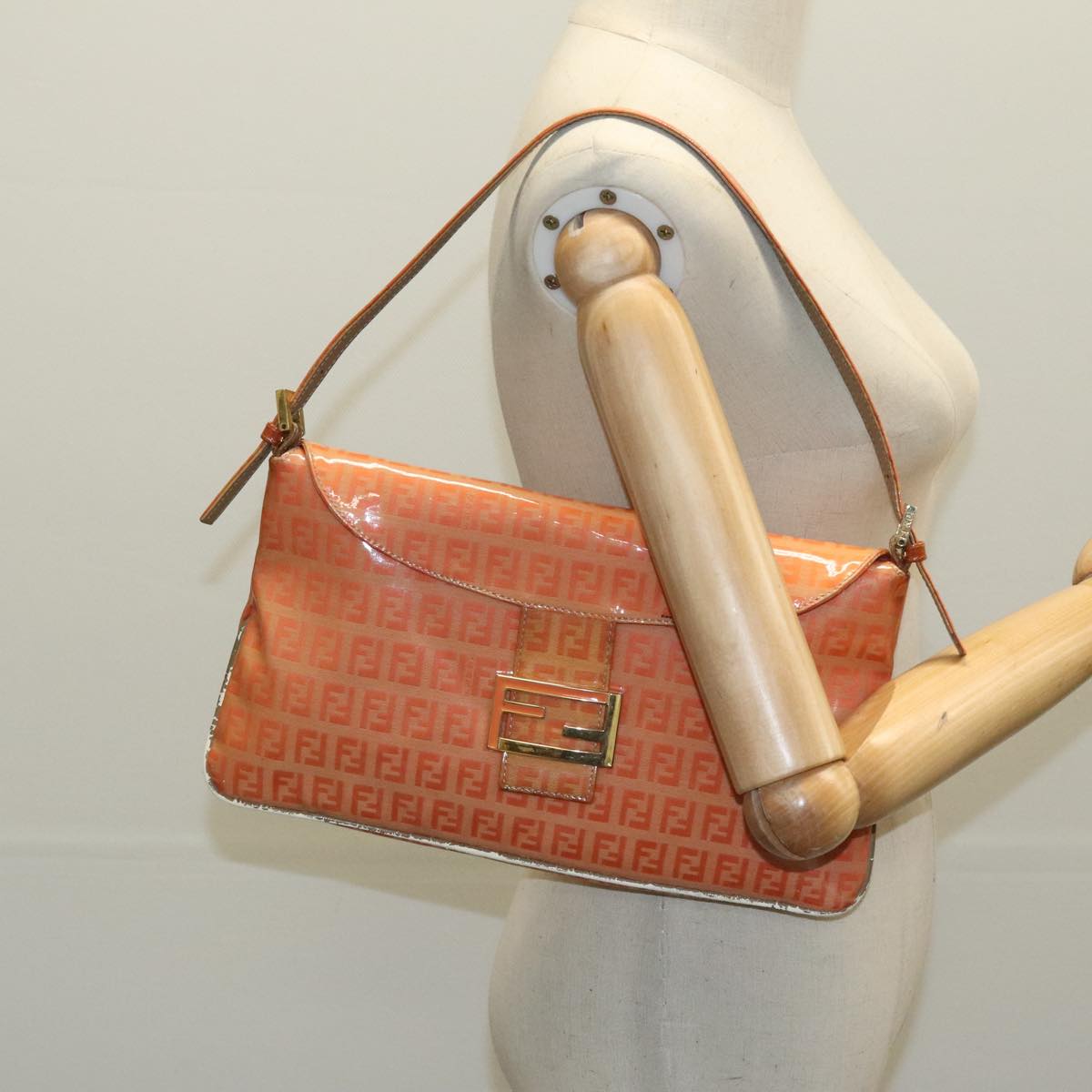 FENDI Zucchino Canvas Mamma Baguette Shoulder Bag Enamel Gold Orange 98336