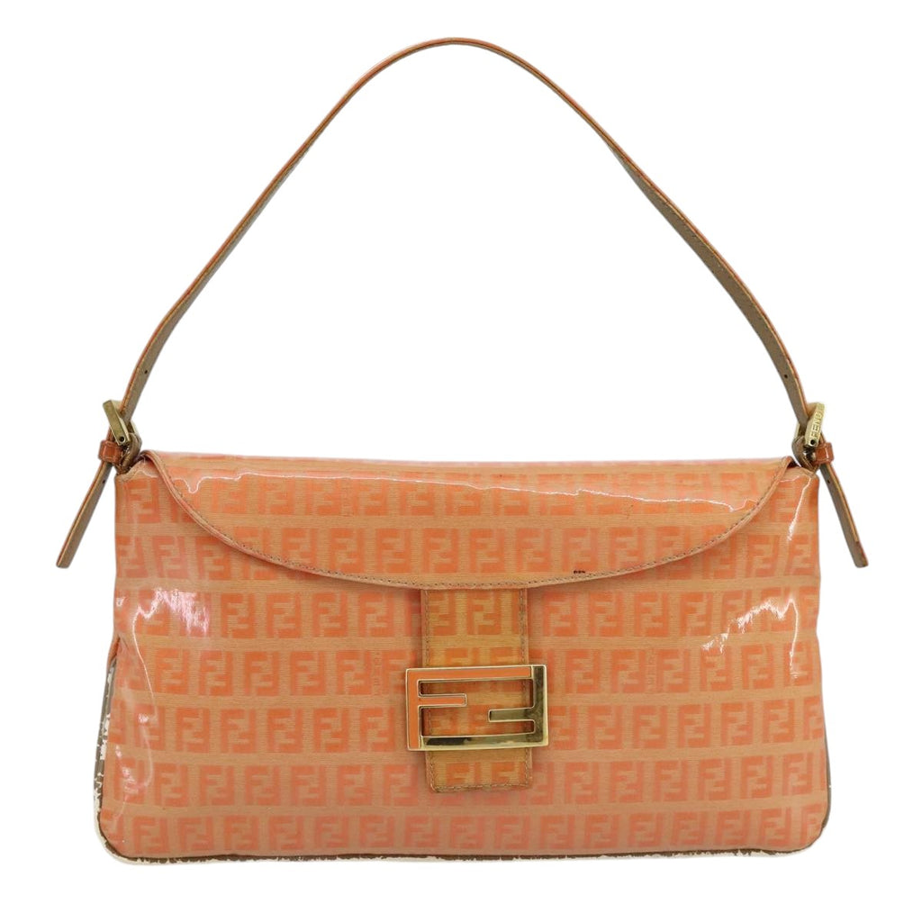 FENDI Zucchino Canvas Mamma Baguette Shoulder Bag Enamel Gold Orange 98336