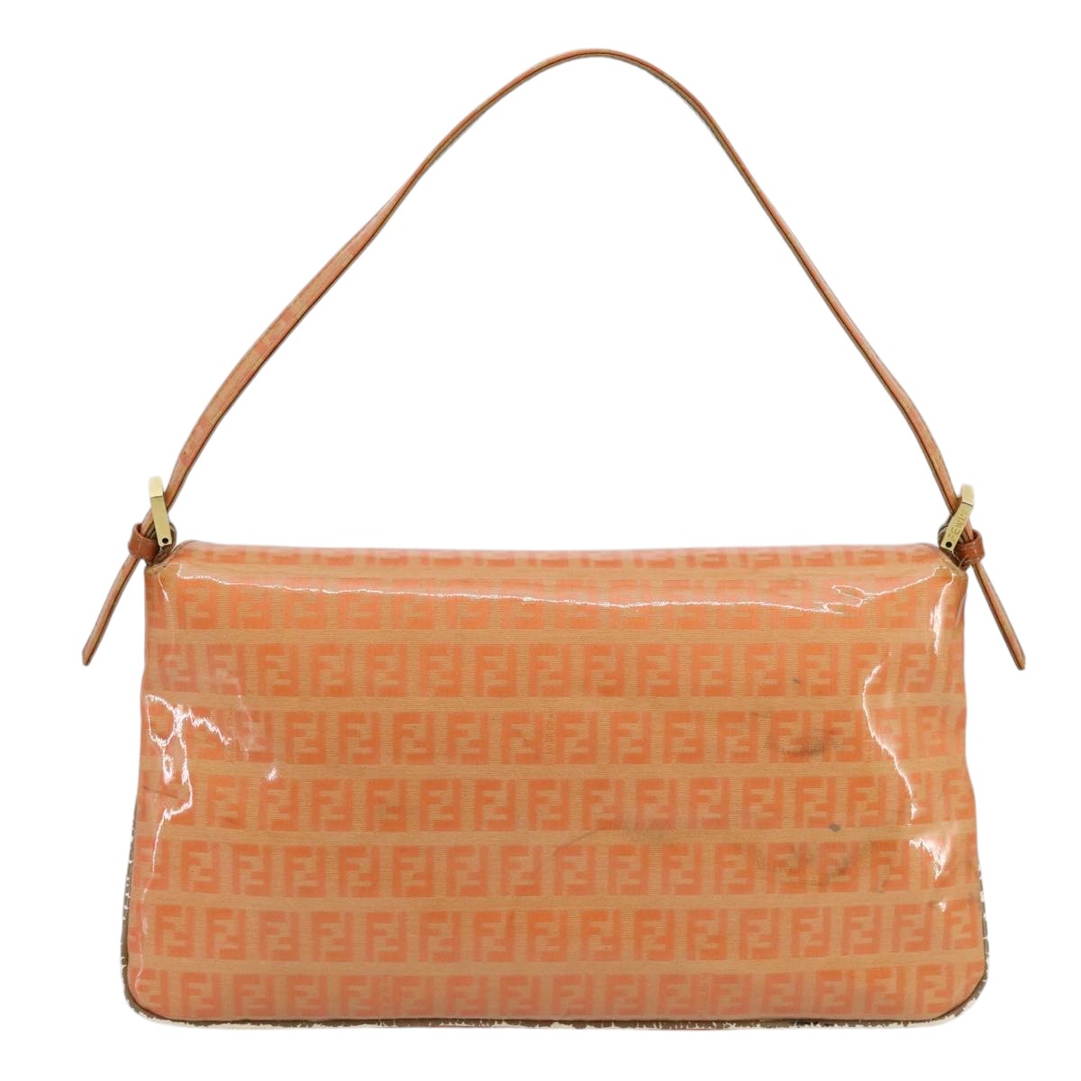 FENDI Zucchino Canvas Mamma Baguette Shoulder Bag Enamel Gold Orange 98336