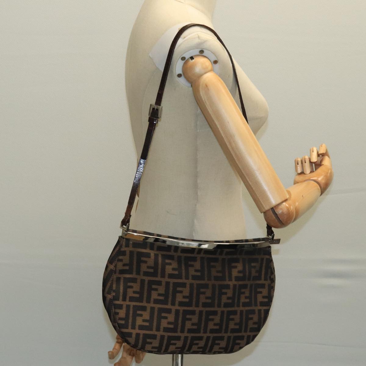 FENDI Zucca Canvas Shoulder Bag Brown Black 98351
