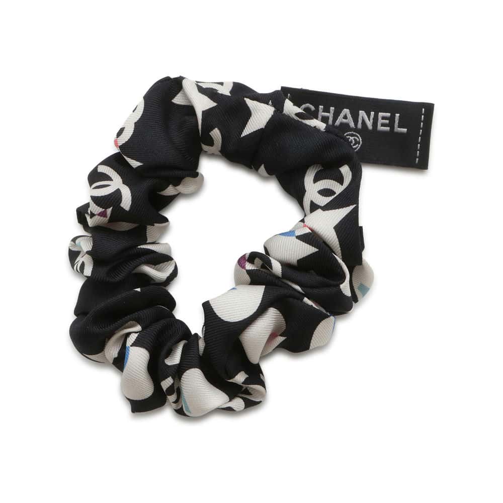 CHANEL CC Logo/Star Pattern Scrunchie Scarf Set Black/White/Blue Silk100%