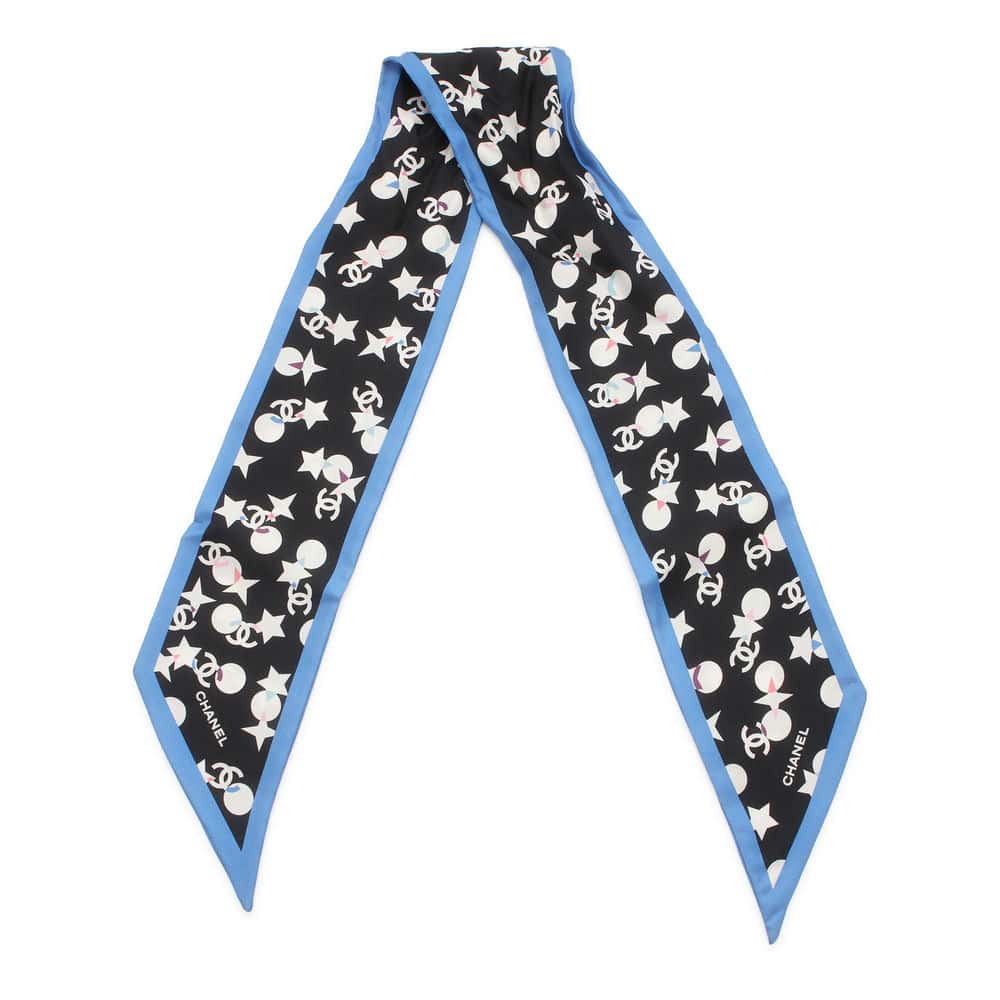 CHANEL CC Logo/Star Pattern Scrunchie Scarf Set Black/White/Blue Silk100%