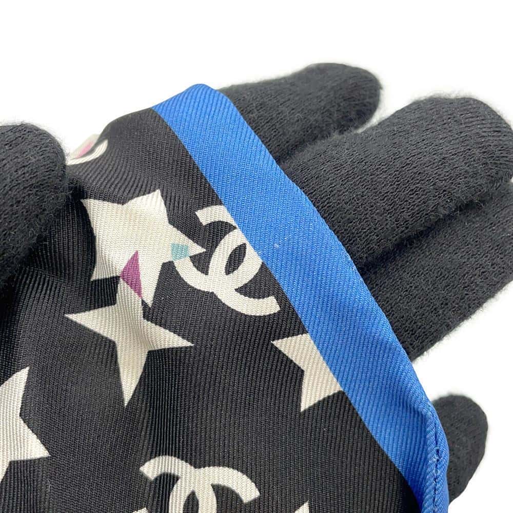 CHANEL CC Logo/Star Pattern Scrunchie Scarf Set Black/White/Blue Silk100%