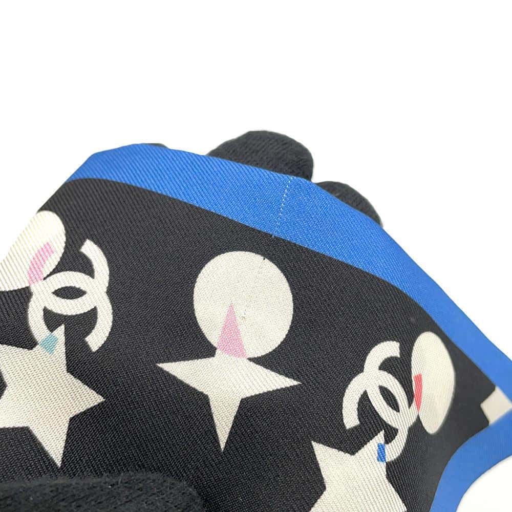 CHANEL CC Logo/Star Pattern Scrunchie Scarf Set Black/White/Blue Silk100%