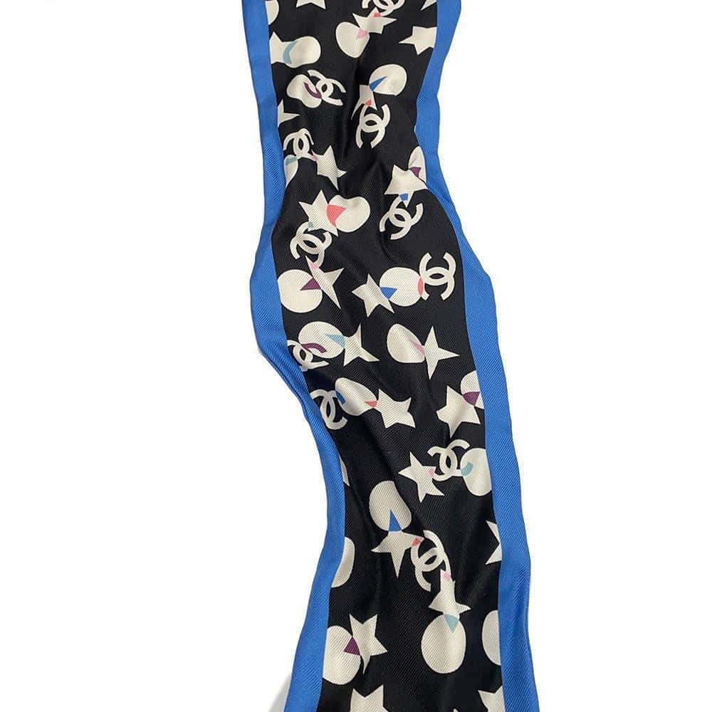 CHANEL CC Logo/Star Pattern Scrunchie Scarf Set Black/White/Blue Silk100%