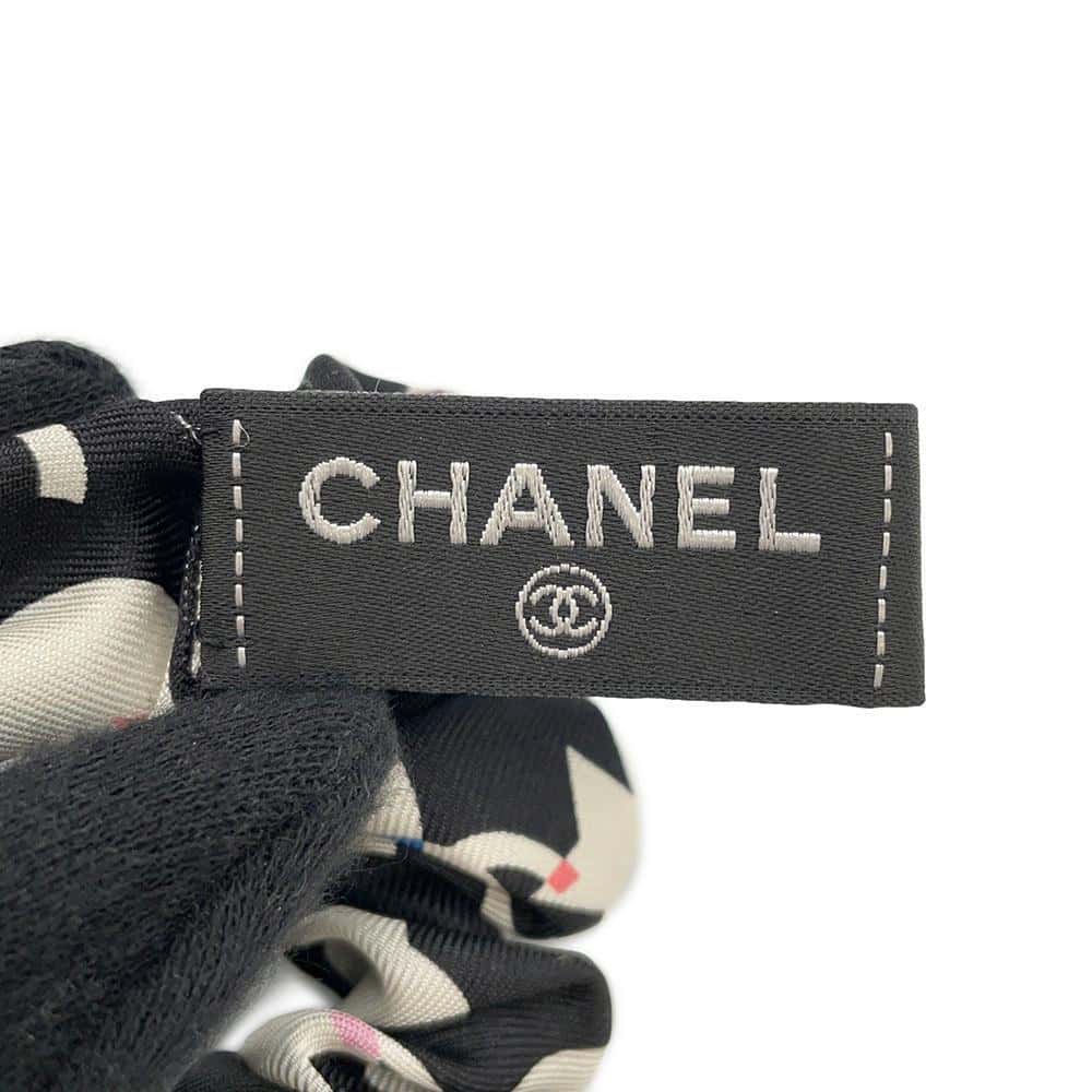 CHANEL CC Logo/Star Pattern Scrunchie Scarf Set Black/White/Blue Silk100%