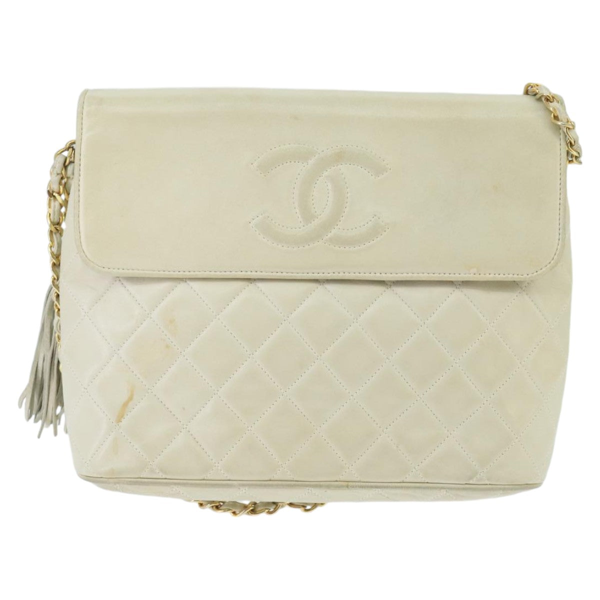 CHANEL Matelasse Chain Shoulder Bag Lamb Skin White Gold CC 98413