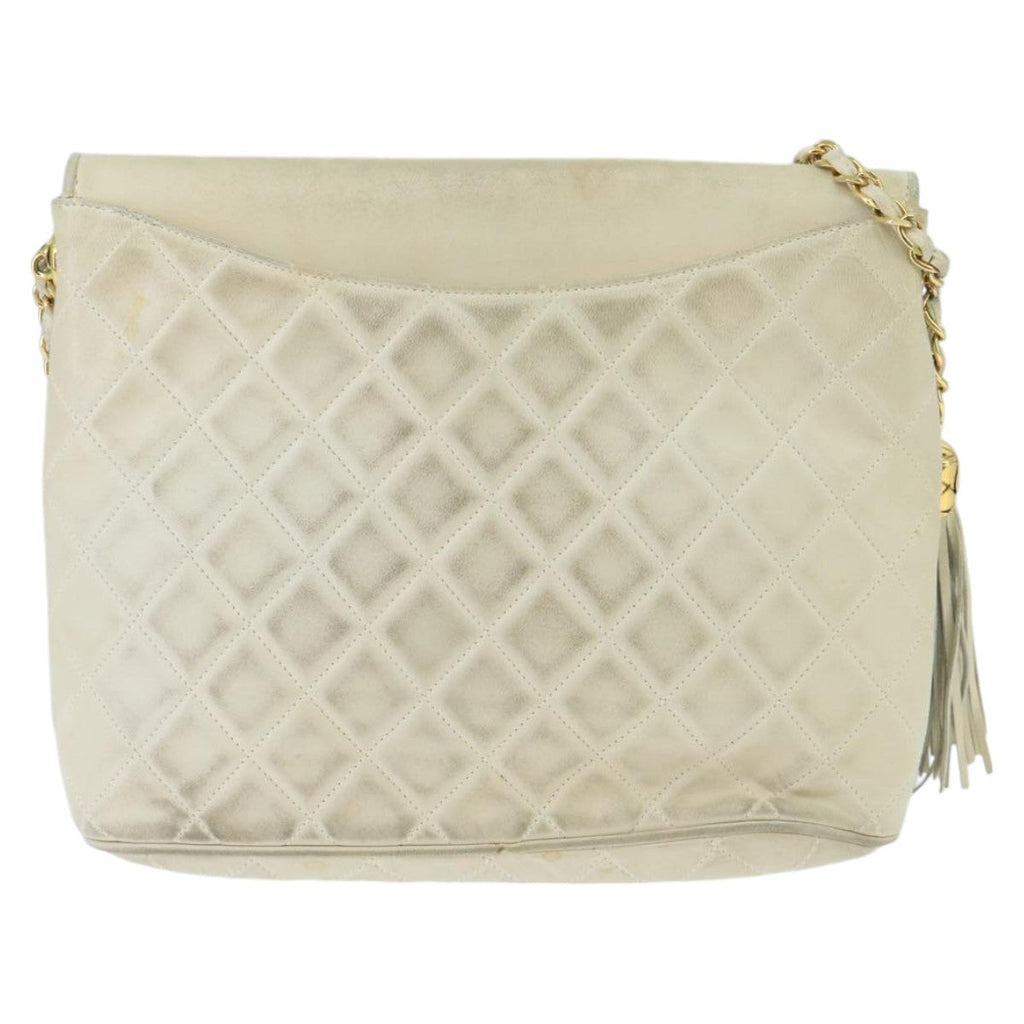 CHANEL Matelasse Chain Shoulder Bag Lamb Skin White Gold CC 98413