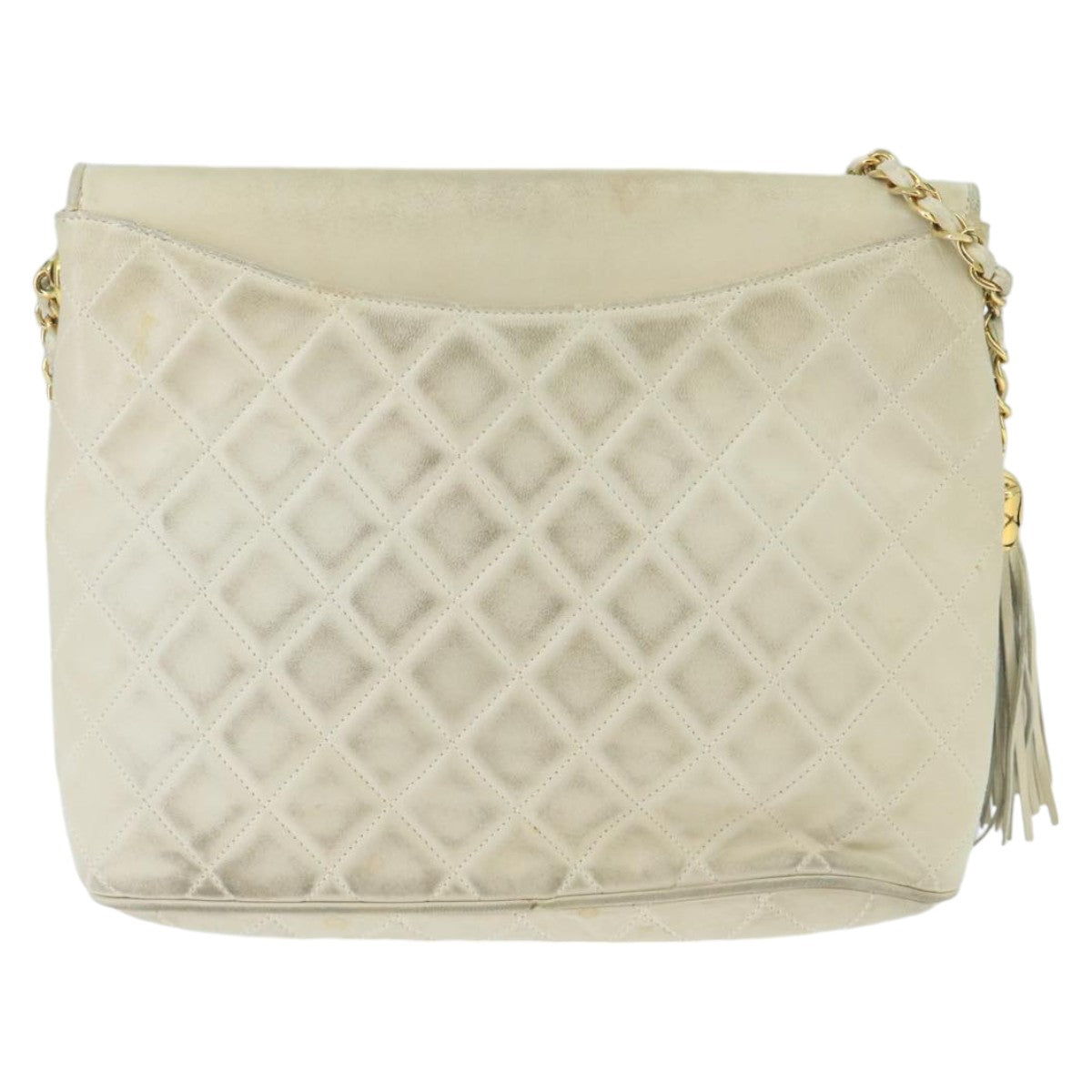 CHANEL Matelasse Chain Shoulder Bag Lamb Skin White Gold CC 98413