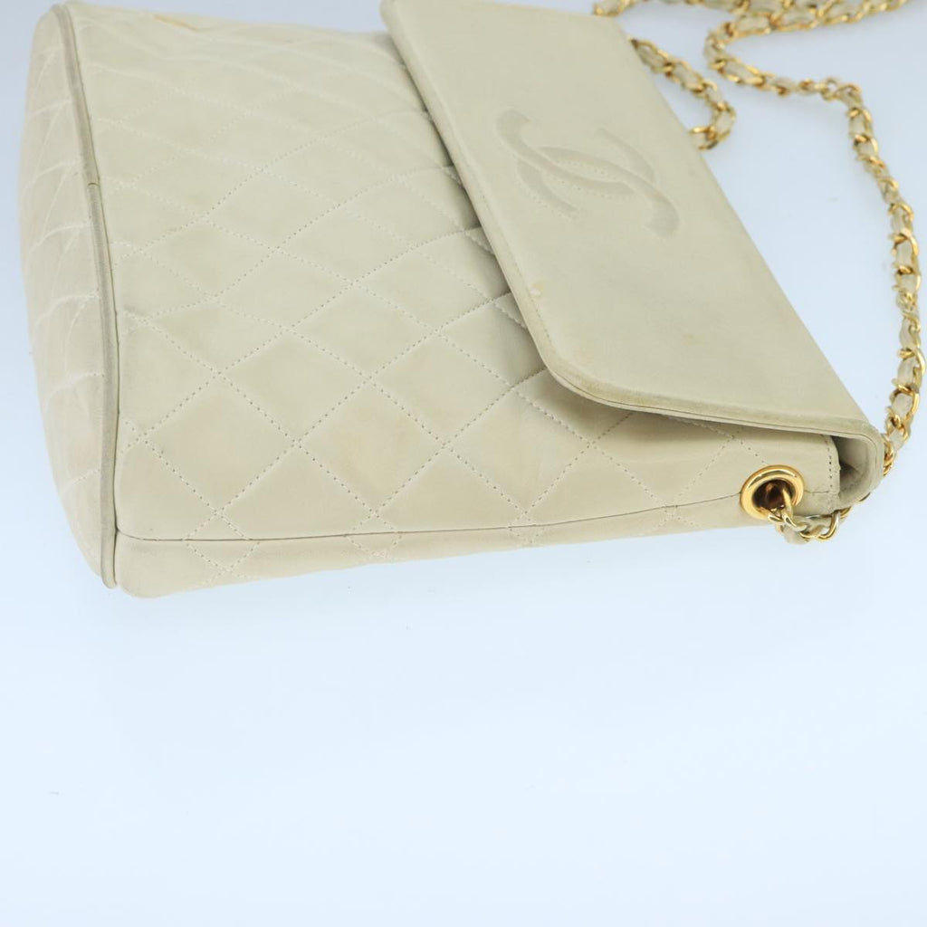 CHANEL Matelasse Chain Shoulder Bag Lamb Skin White Gold CC 98413