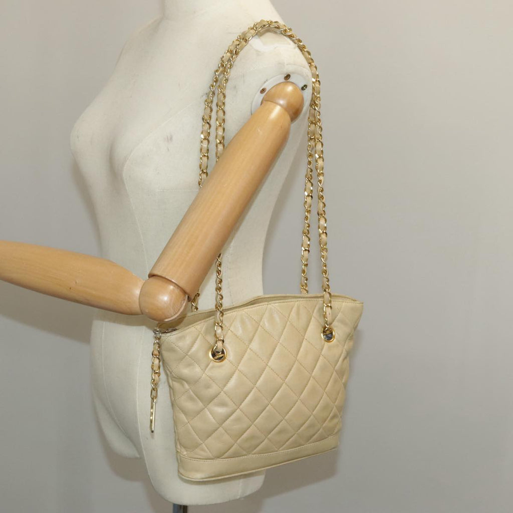 CHANEL Matelasse Chain Shoulder Bag Lamb Skin Beige Gold CC 98416