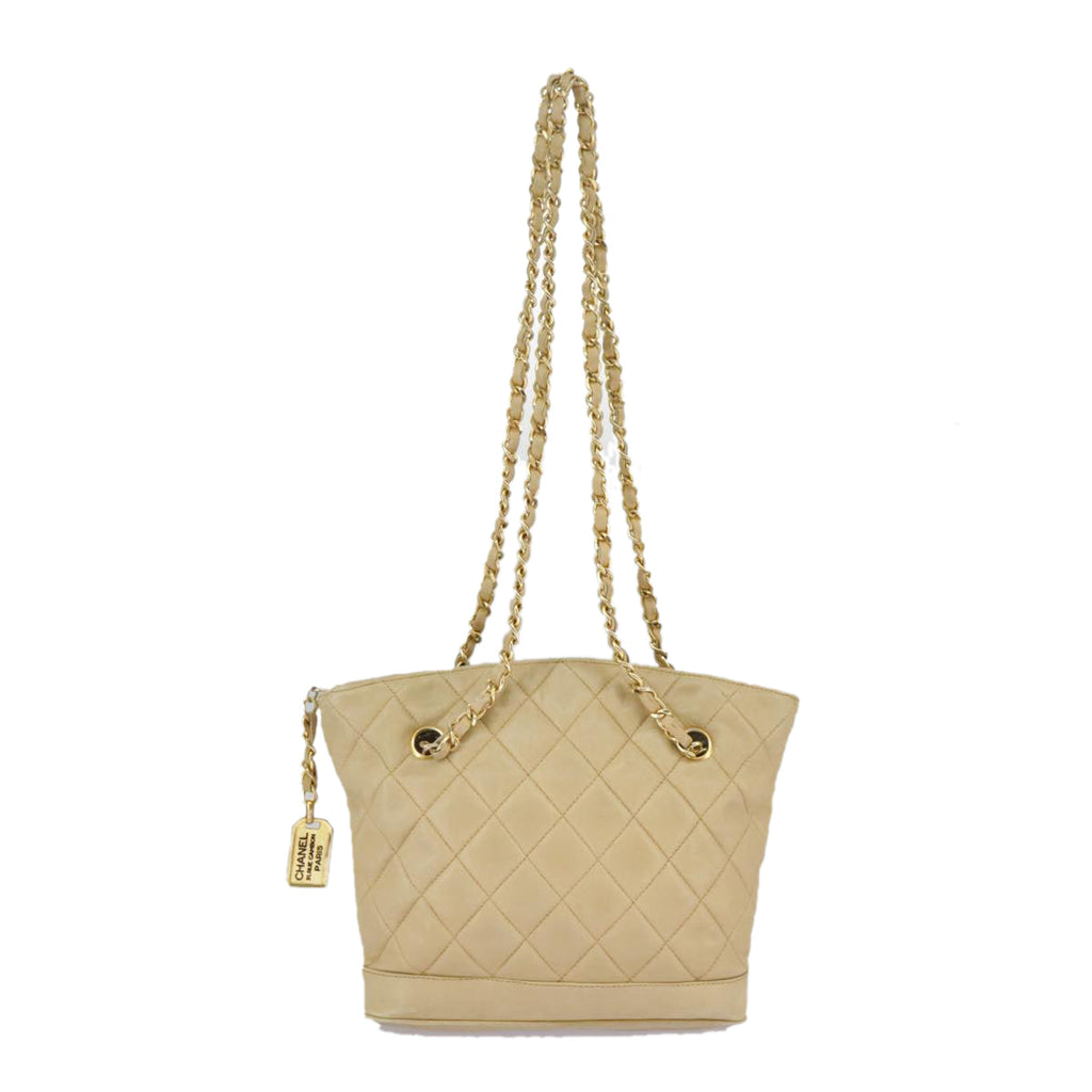 CHANEL Matelasse Chain Shoulder Bag Lamb Skin Beige Gold CC 98416