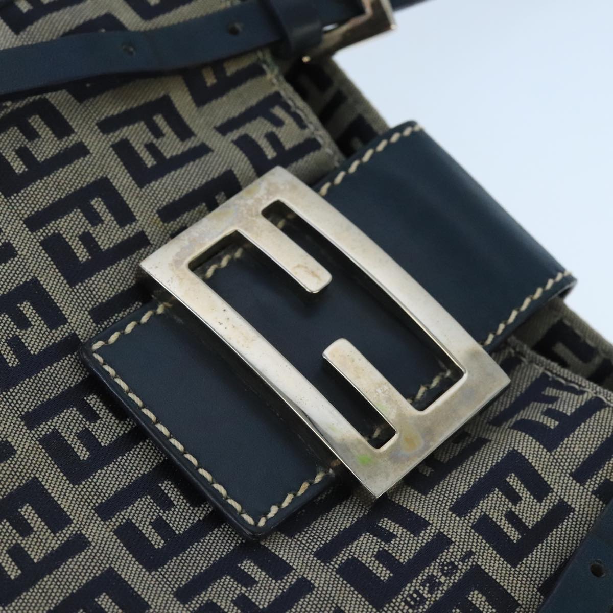 FENDI Zucchino Canvas Hand Bag Navy Silver 98465