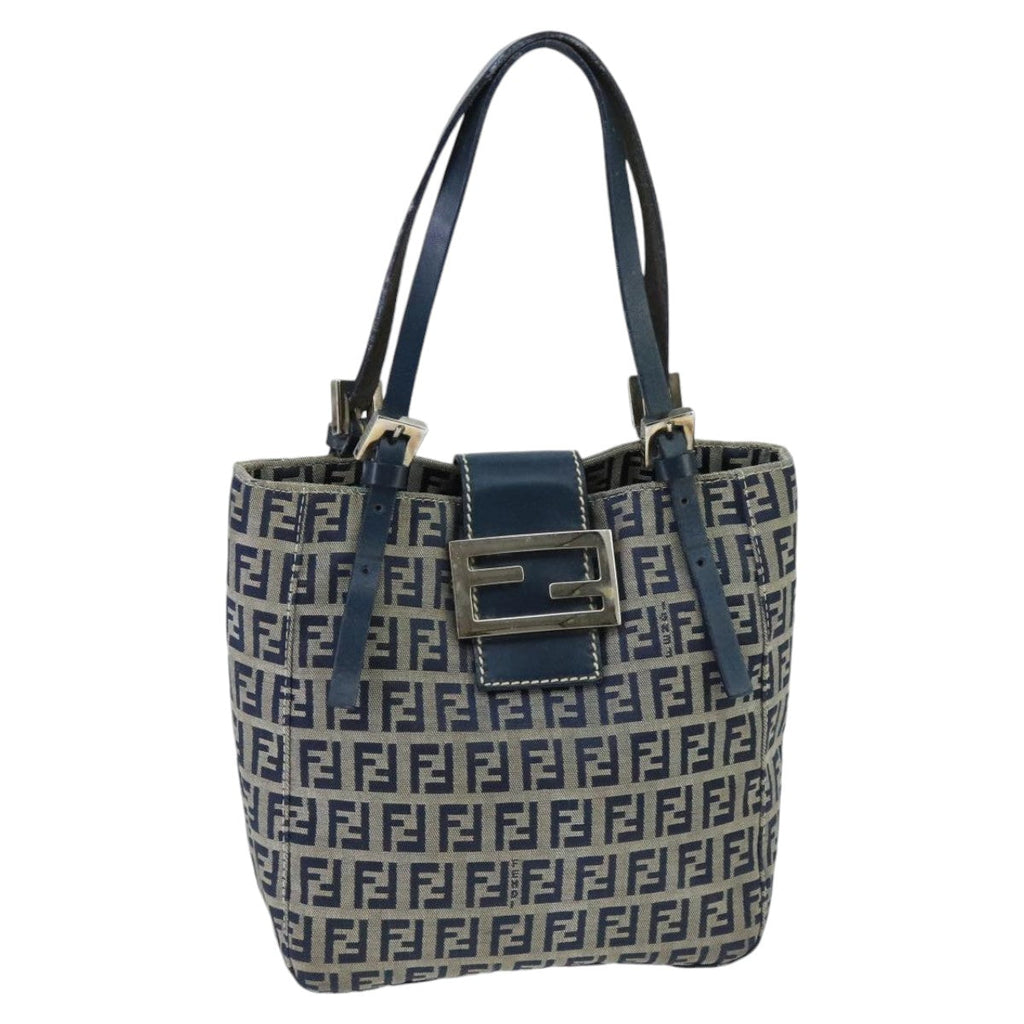 FENDI Zucchino Canvas Hand Bag Navy Silver 98465