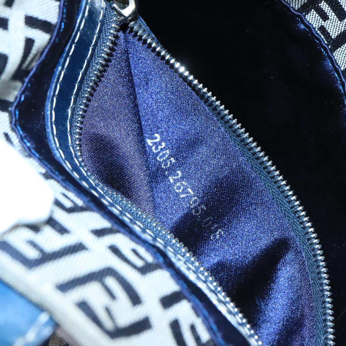 FENDI Zucchino Canvas Hand Bag Navy Silver 98465
