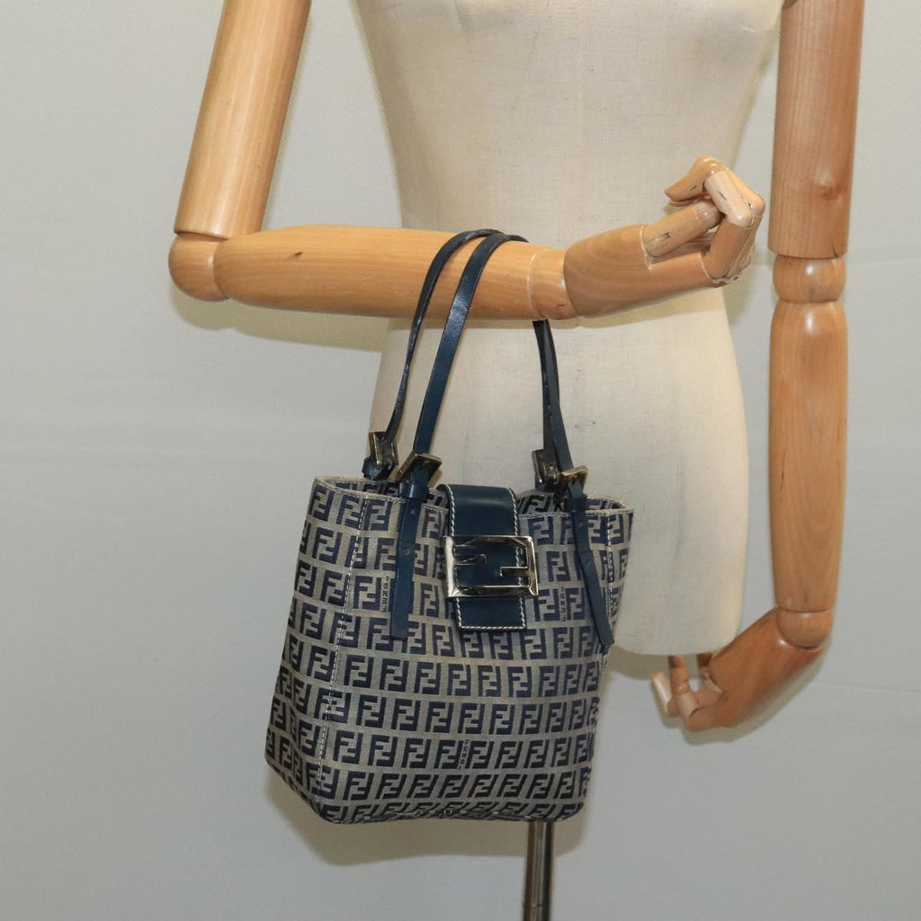 FENDI Zucchino Canvas Hand Bag Navy Silver 98465