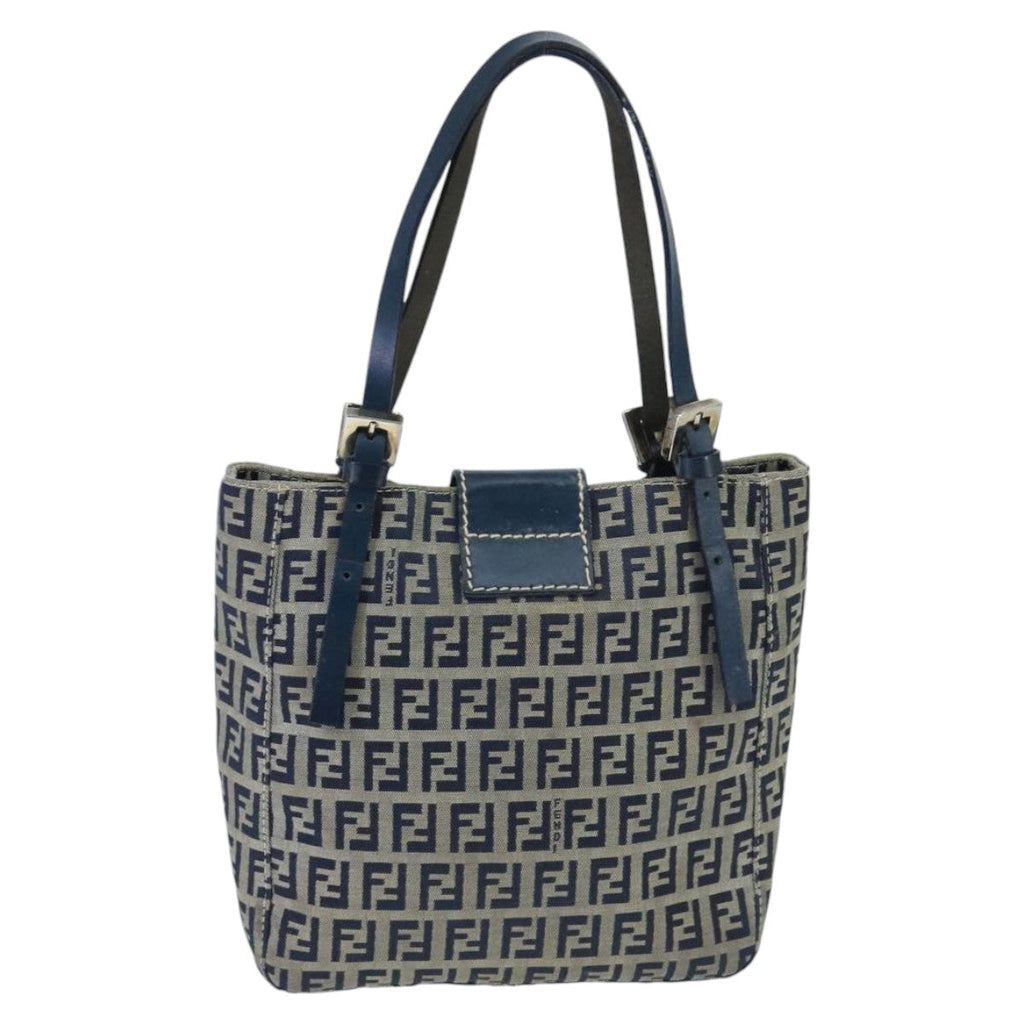 FENDI Zucchino Canvas Hand Bag Navy Silver 98465