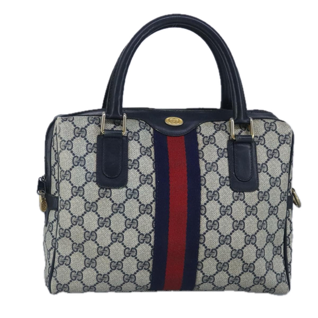 GUCCI GG Supreme Sherry Line Hand Bag PVC Navy Gold Red 010 378 98484