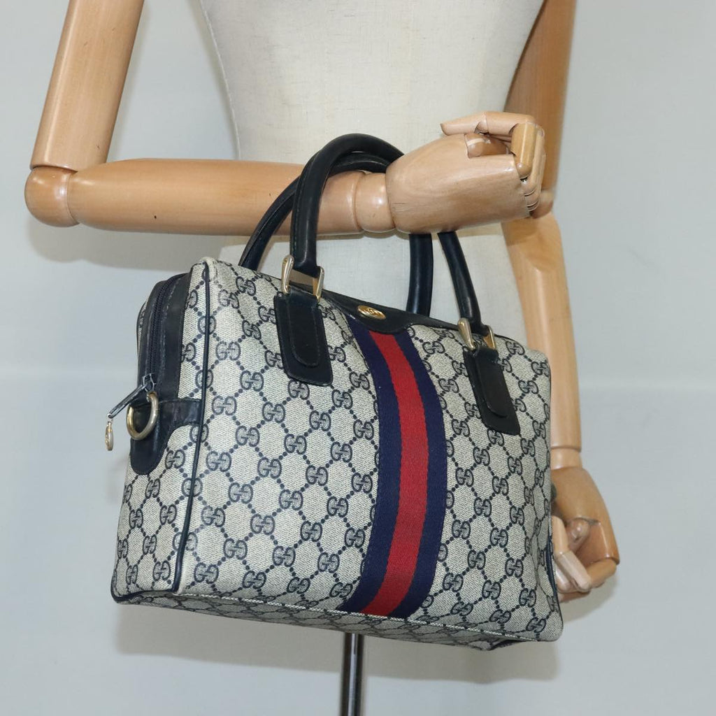 GUCCI GG Supreme Sherry Line Hand Bag PVC Navy Gold Red 010 378 98484