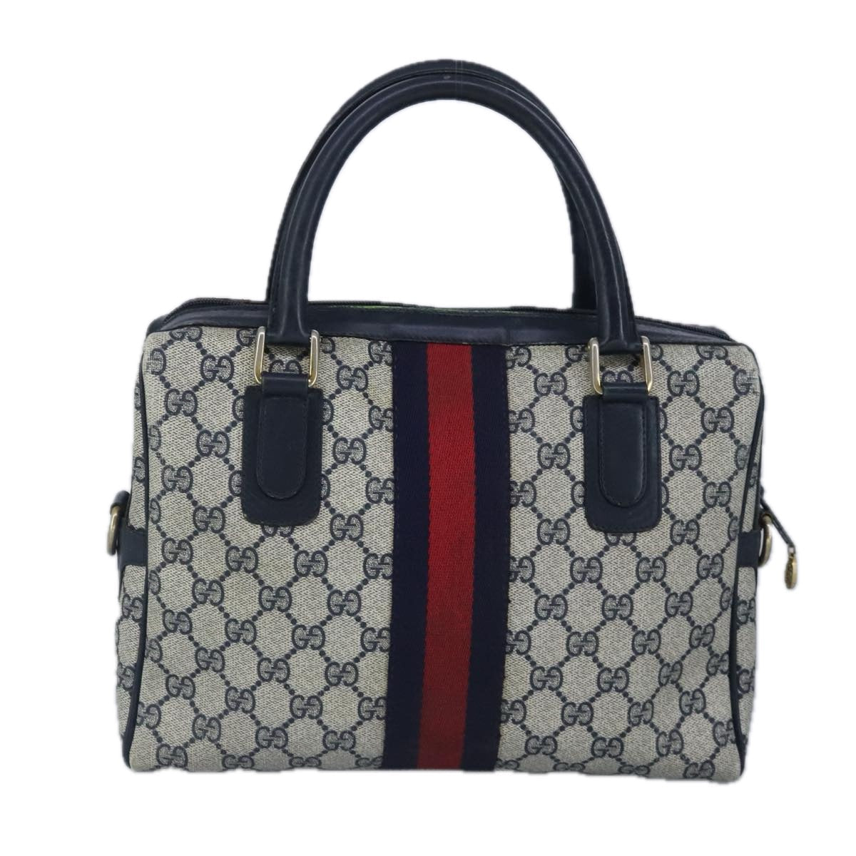 GUCCI GG Supreme Sherry Line Hand Bag PVC Navy Gold Red 010 378 98484