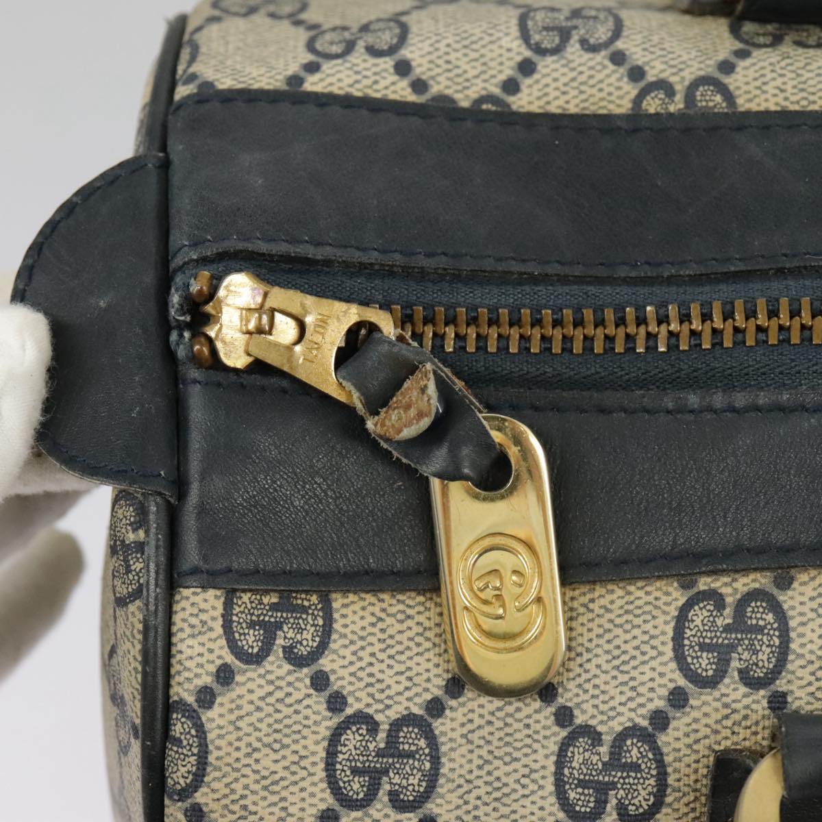 GUCCI GG Supreme Sherry Line Hand Bag PVC Navy Gold Red 98485