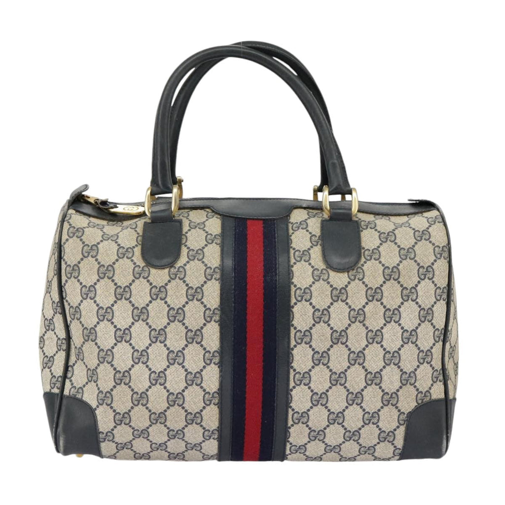 GUCCI GG Supreme Sherry Line Hand Bag PVC Navy Gold Red 98485