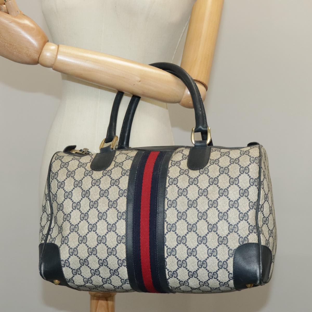 GUCCI GG Supreme Sherry Line Hand Bag PVC Navy Gold Red 98485