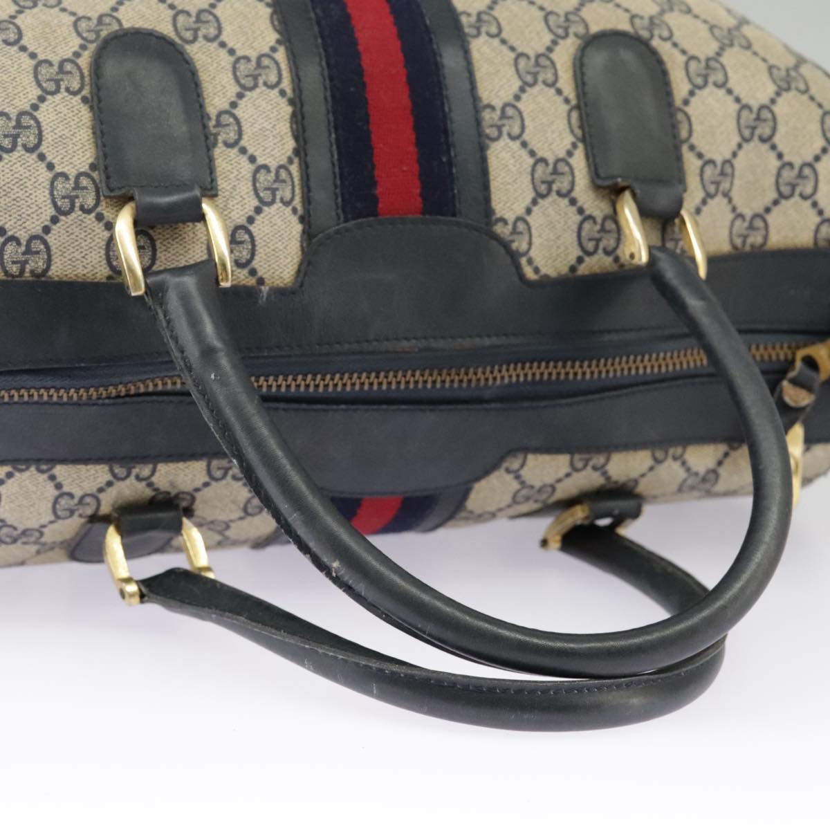 GUCCI GG Supreme Sherry Line Hand Bag PVC Navy Gold Red 98485