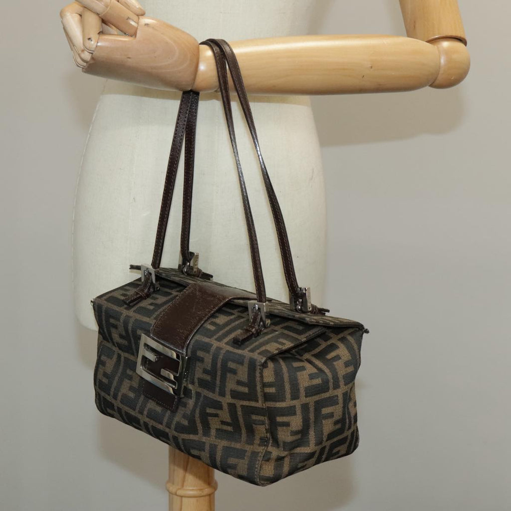 FENDI Zucca Canvas Mamma Baguette Shoulder Bag Black Brown Silver 98502