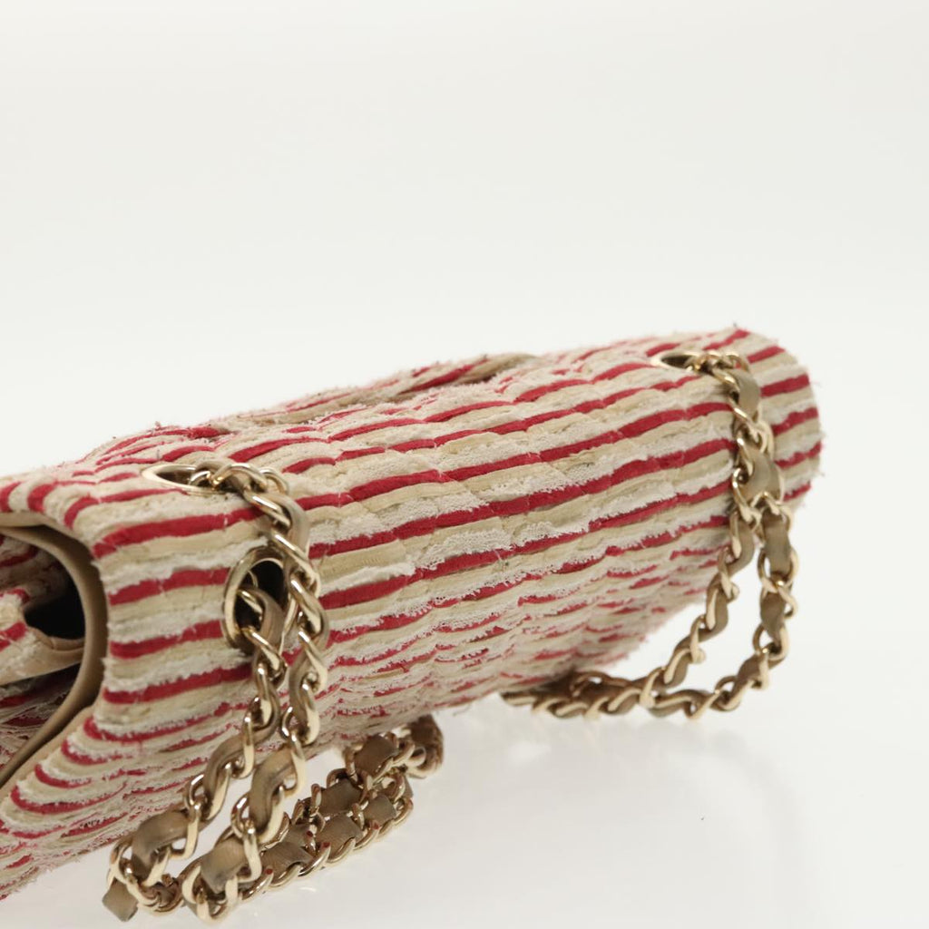 CHANEL Matelasse Chain Border Shoulder Bag Canvas Red Gold beige CC 98535