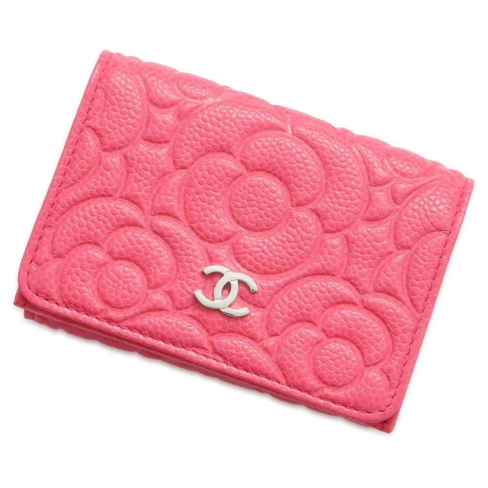 CHANEL Camellia Embossed Flap Tri-Fold Compact Wallet PinkAP0116 Caviar Leather