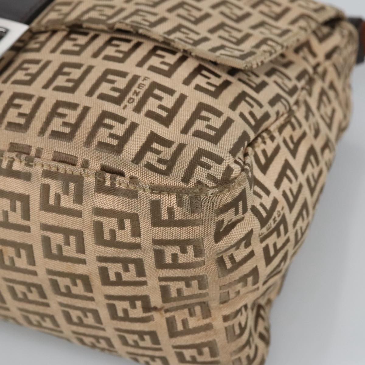 FENDI Zucchino Canvas Mamma Baguette Shoulder Bag Beige Silver 98650