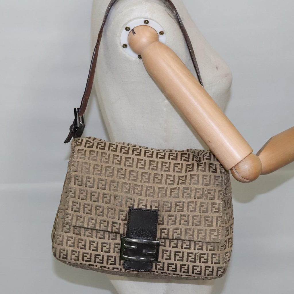 FENDI Zucchino Canvas Mamma Baguette Shoulder Bag Beige Silver 98650