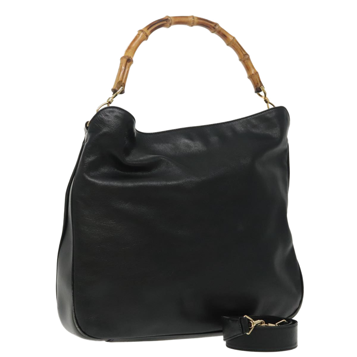 GUCCI Bamboo Hand Bag Leather 2way Black Gold 001 1577 98735