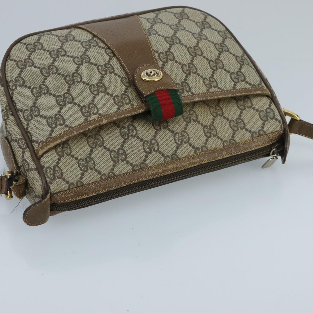 GUCCI GG Supreme Web Sherry Line Shoulder Bag PVC Beige Green Red 98777