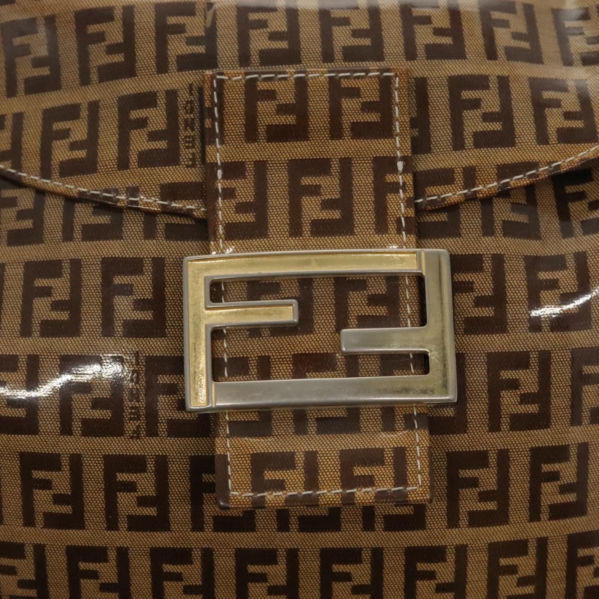FENDI Zucchino Canvas Mamma Baguette Shoulder Bag Beige Gold 98793