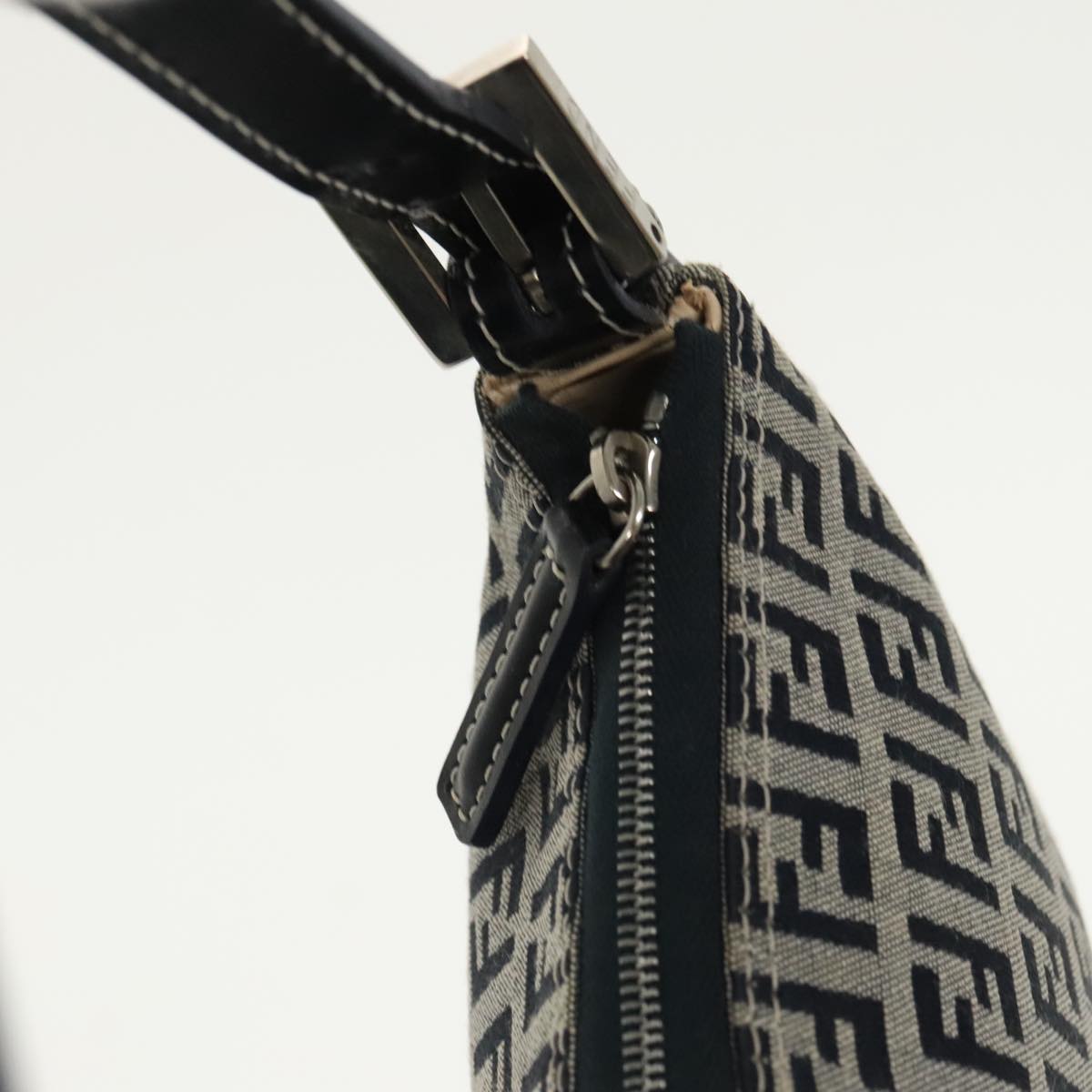 FENDI Zucchino Canvas Shoulder Bag Navy Silver 98857