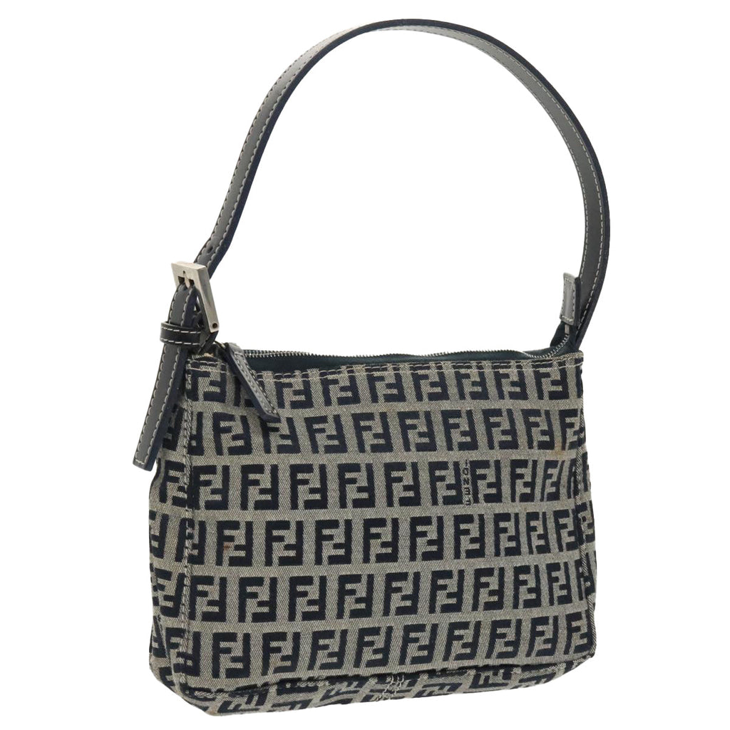 FENDI Zucchino Canvas Shoulder Bag Navy Silver 98857