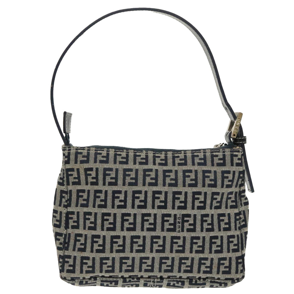 FENDI Zucchino Canvas Shoulder Bag Navy Silver 98857