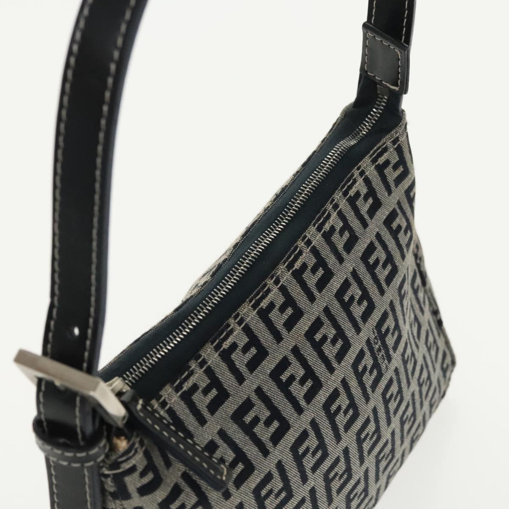 FENDI Zucchino Canvas Shoulder Bag Navy Silver 98857