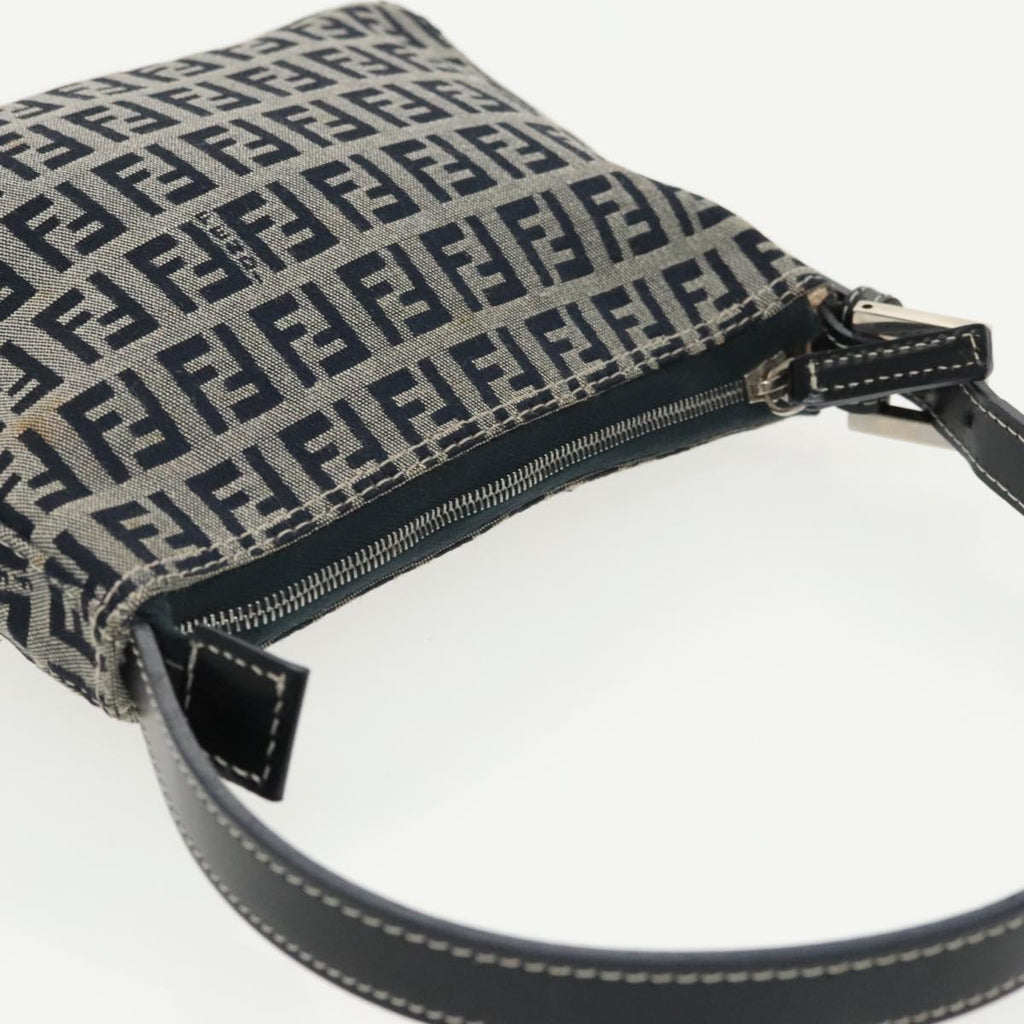 FENDI Zucchino Canvas Shoulder Bag Navy Silver 98857
