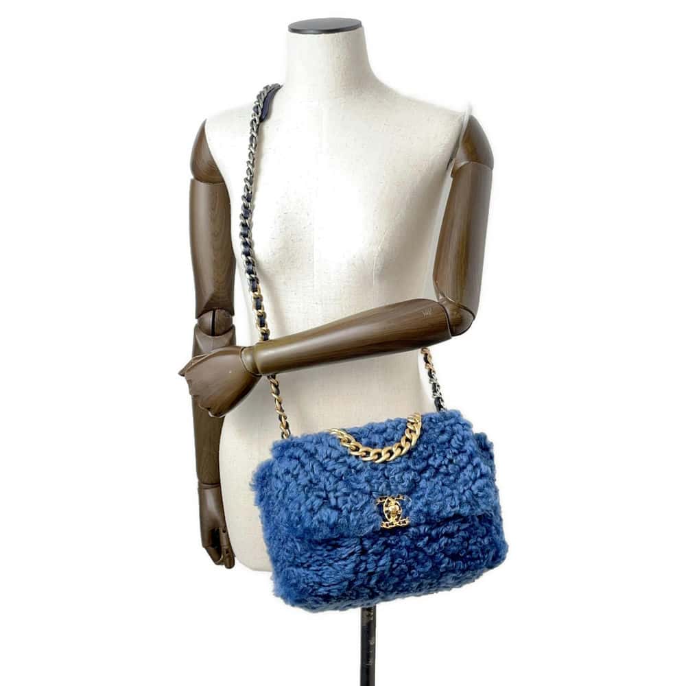 CHANEL 19 Chain Shoulder Bag Blue Fur