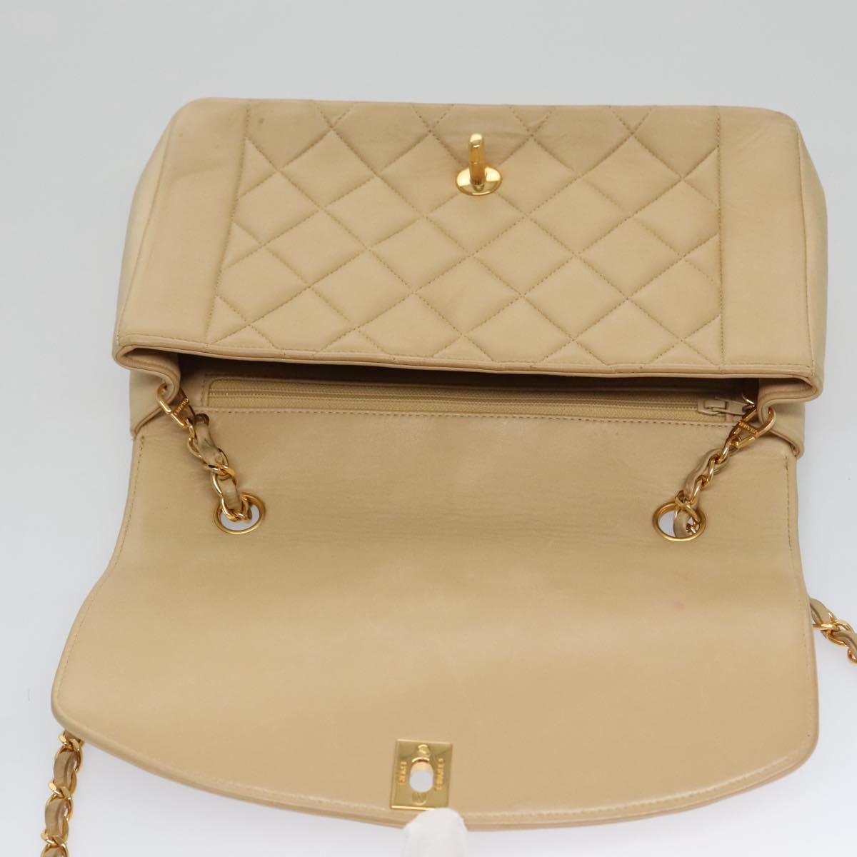 CHANEL Matelasse Chain Diana Shoulder Bag Lamb Skin Beige Gold CC 98933