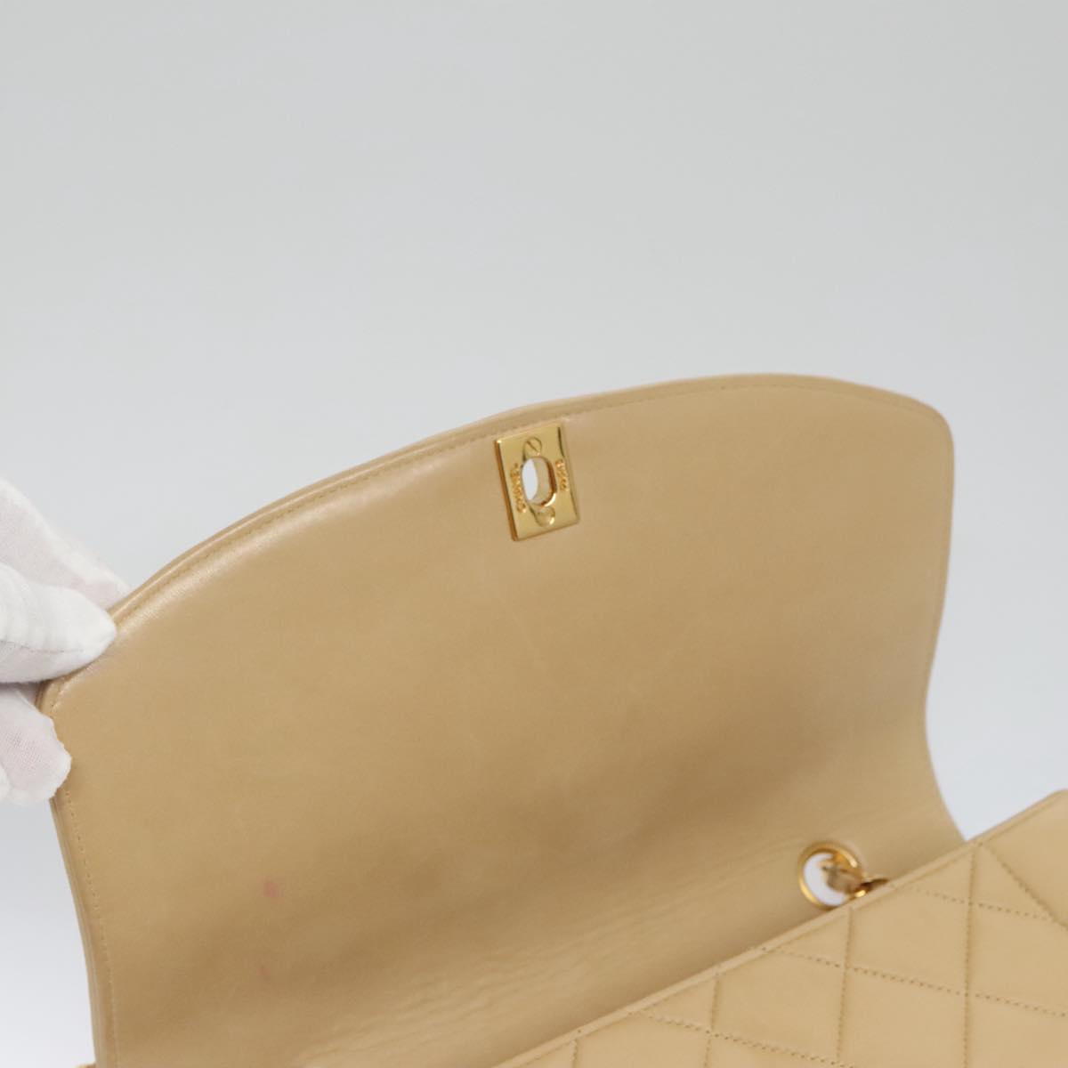 CHANEL Matelasse Chain Diana Shoulder Bag Lamb Skin Beige Gold CC 98933