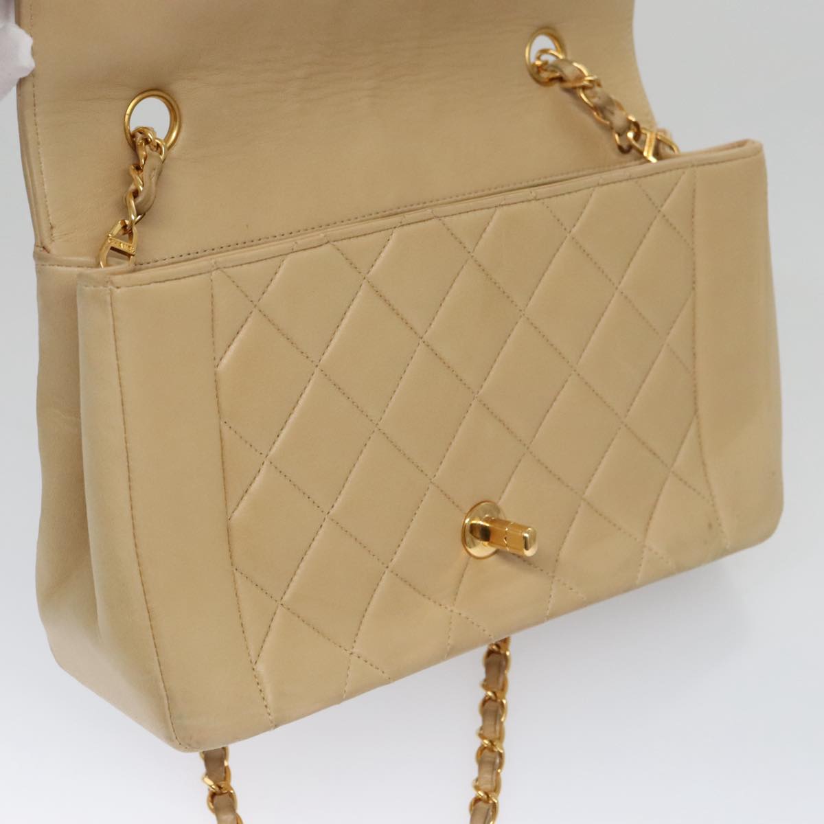 CHANEL Matelasse Chain Diana Shoulder Bag Lamb Skin Beige Gold CC 98933