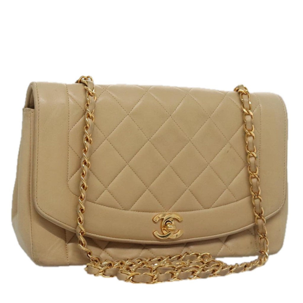 CHANEL Matelasse Chain Diana Shoulder Bag Lamb Skin Beige Gold CC 98933